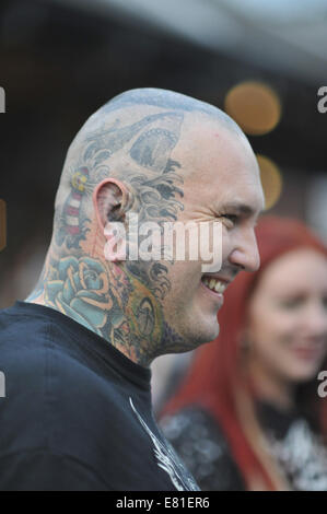 London, UK. 28th September, 2014. A man with head tattoos at the 10th International London Tattoo Convention, Tobacco Dock, London. Credit:  Michael Preston/Alamy Live News Stock Photo