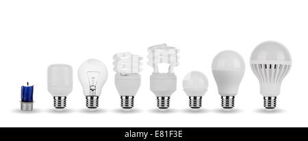 Evolution - LED Bulb, Fluorescent Bulb, Tungsten Bulb, Candle Concept Stock Photo