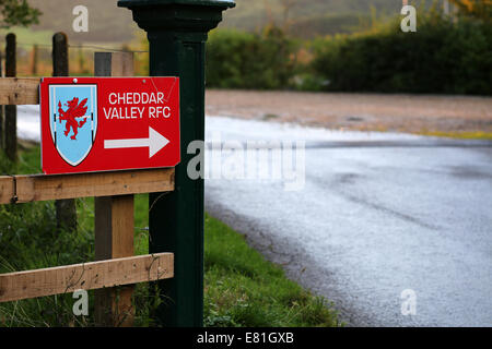 Direction sign to Cheddar Valley RFC Rugy club car park, August 2014 ...