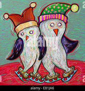 penguin couple ice skate, digital painting illustration Stock Photo