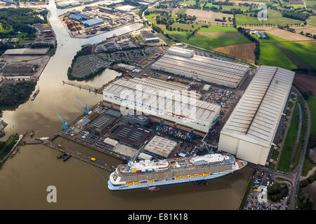 Aerial view, Papenburg Emshaven port with Jos. L. Meyer Werft shipyard and the cruise ship Quantum of the Seas, Royal Caribbean
