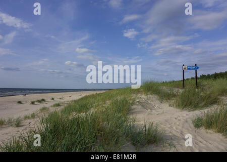 Sandy beach on the Baltic Sea with sign for a cafe, Verbelnieki, Nīca, Latvia Stock Photo