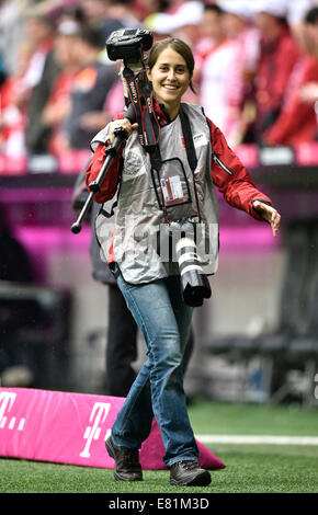 Female press photographer, sports photographer, Allianz Arena, Munich, Bavaria, Germany Stock Photo