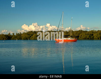 Australia: Moored yacht, Port Stephens, NSW Stock Photo