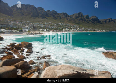 Twelve Apostles Mountain Range and the beach of Camps Bay, Cape Town, Western Cape, South Africa Stock Photo