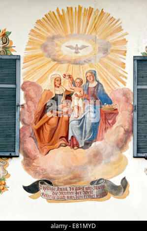 Lüftlmalerei with St. Anna and Maria with the baby Jesus, Oberammergau, Upper Bavaria, Bavaria, Germany Stock Photo