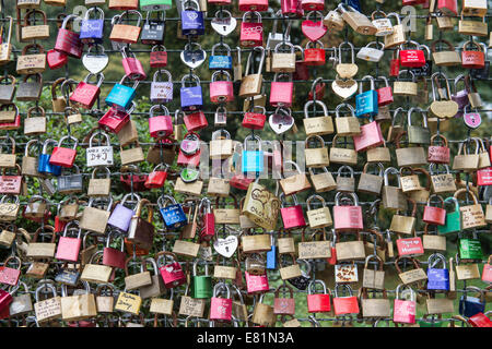 Love locks on a wire fence, Kassel, Hesse, Germany Stock Photo