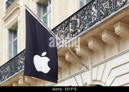 Apple logo on black flag in Paris Apple store Stock Photo