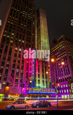 Radio City Music Hall at night. Sixth Avenue, Avenue of the Americas - New York. Stock Photo