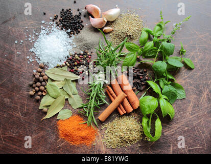 Variety of fresh herbs and aromatic spices. Food and cuisine ingredients. Stock Photo