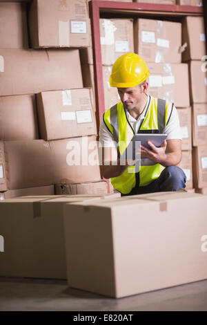 Warehouse worker using digital tablet in warehouse Stock Photo