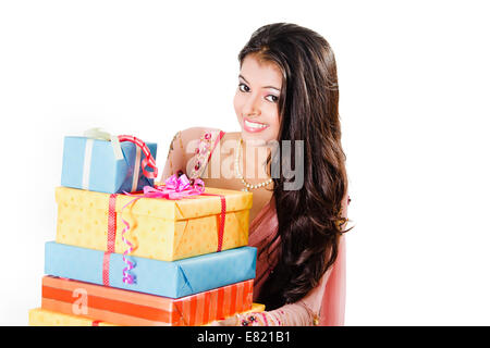 indian Beautiful ladies Surprise Gift Stock Photo