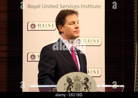UK Deputy Prime Minister Nick Clegg, announces a review of the powers of the British security agencies in a speech at RUSI. Stock Photo