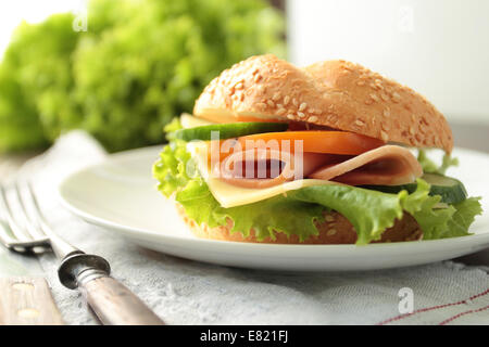 Fresh sandwich with ham and cheese on a plate Stock Photo