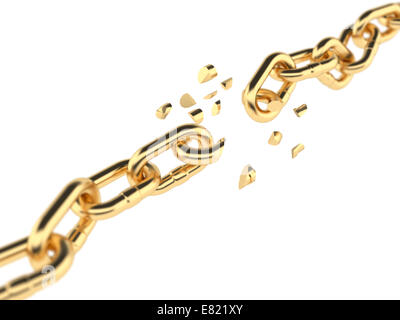 3d render of golden broken chain isolated on white background Stock Photo