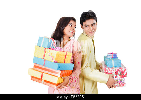 indian Beautiful Couple Buying Gift Stock Photo