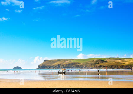 Polzeath Beach looking towards Pentire Point and Newlands Island,  Cornwall, UK Stock Photo