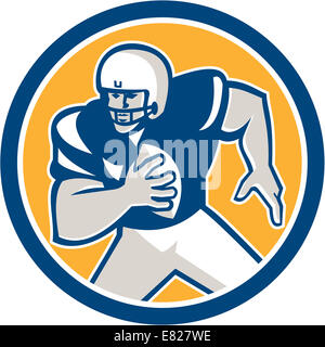 Illustration of an american football gridiron quarterback qb player holding ball running viewed from front set inside circle on Stock Photo