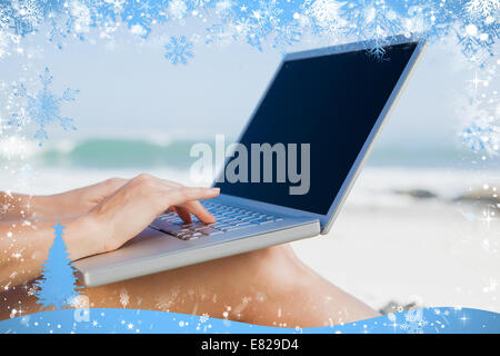 Woman sitting on beach using her laptop Stock Photo