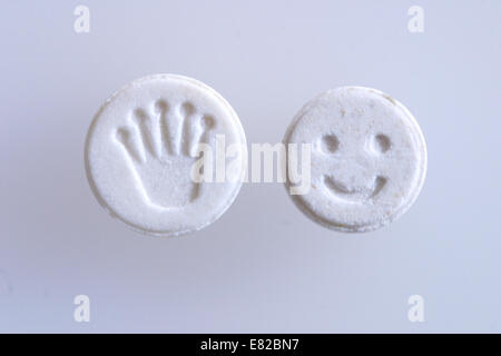 E Ecstasy pills or tablets close up studio shot methylenedioxymethamphetamine. Stock Photo