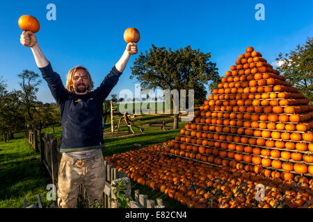 Mr.Pipka, a happy farmer after harvesting pumpkins Vysočina Region. Eastern Bohemia, Czech Republic Stock Photo