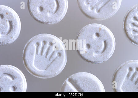 E Ecstasy pills or tablets close up studio shot methylenedioxymethamphetamine. Stock Photo