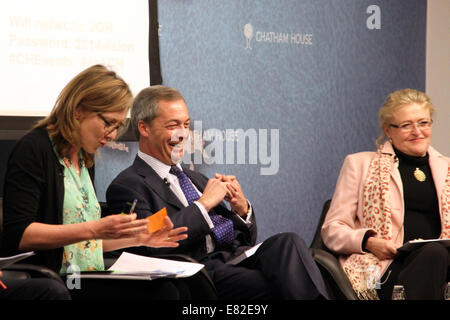 UKIP leader Nigel Farage (centre) jokes with Sarah Montague (left), presenter of BBC Radio 4’s Today Programme, and Tory MP Laur Stock Photo