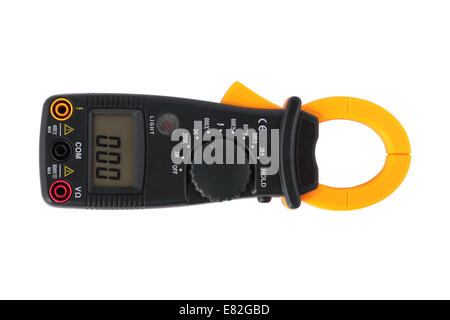 Digital clamp multimeter on a white background. It is isolated, the worker of paths is present. Stock Photo