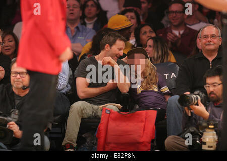 Breckin Meyer and his daughter Caitlin Willow out at the Lakers game. The Los Angeles Lakers defeated the Orlando Magic by the final score of 103-94 at Staples Center  Featuring: Breckin Meyer,Caitlin Willow Meyer Where: Los Angeles, California, United States When: 23 Mar 2014 Stock Photo