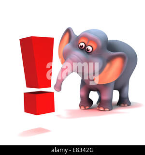 3d render of a cartoon style elephant with an exclamation mark Stock Photo