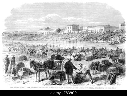 American Civil War. Confederates quitting Brownsville Texas at the approach of Federal Transports 1864 Stock Photo