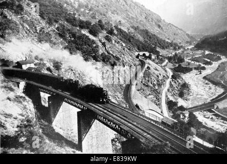 The Famous Spiral Saint Gothard railway showing three tracks circa 1920 Stock Photo