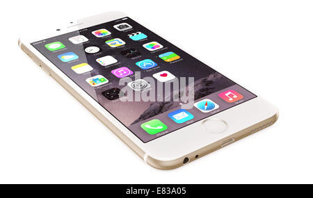 Apple Gold iPhone 6 Plus showing the home screen with iOS 8. Stock Photo