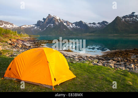 tourist tent on lakeside in mountains,  summertime, Norway Stock Photo