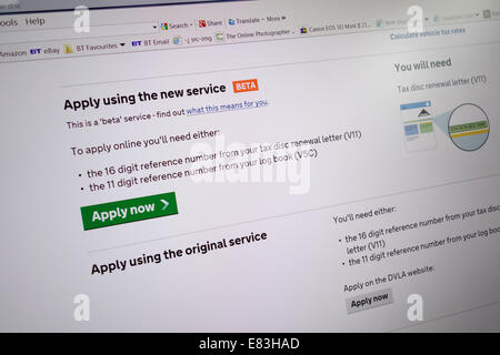 Exeter Uk 29 September 2014.  On October 1st tax disc will no longer be supplied to display on vehicles. Those renewing their road tax due to expire at the end of September will be the first to go 'Disc free'     Screen page of DVLA new BETA on line tax disc renewal service Stock Photo