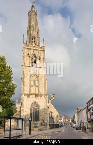 Evening light over St Nicholas Church from Westgate Street, Gloucester, Gloucestershire, England, UK Stock Photo