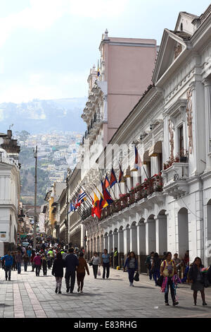 The Archbishop's Palace and the Hotel Plaza Grande on Chile street at Plaza Grande in the city center in Quito, Ecuador Stock Photo