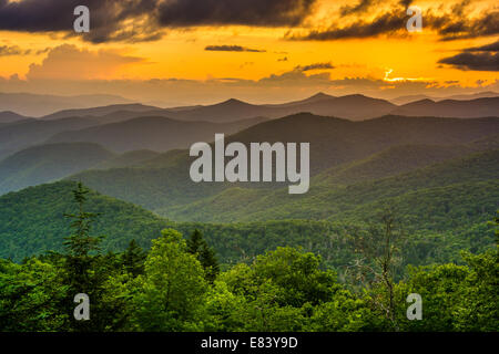 Sunset over the Appalachian Mountains from Caney Fork Overlook on the Blue Ridge Parkway in North Carolina. Stock Photo