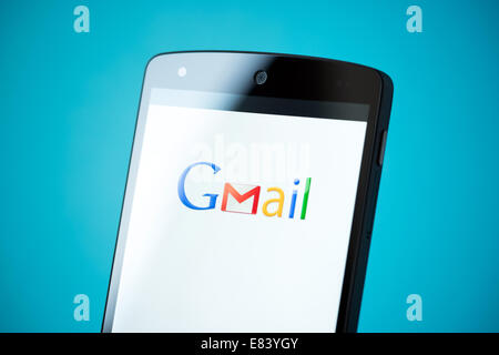 Close-up shot of brand new Google Nexus 5, powered by Android 4.4 version with Gmail logotype on a screen. Stock Photo