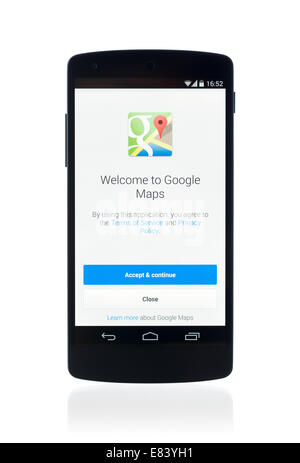 Studio shot of brand new Google Nexus 5, powered by Android 4.4 version, with Google Maps application on a screen. Stock Photo