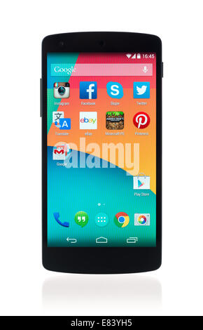 Kiev, Ukraine - September 12, 2014: Studio shot of brand new Google Nexus 5, powered by Android 4.4 version, manufactured by LG Stock Photo