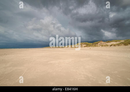 Dramatic storm clouds over beach and dunes, Henne Strand, Region of Southern Denmark, Denmark Stock Photo