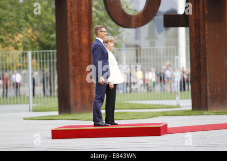 Berlin, Germany. 29th Sept, 2014.Chancellor Angela Merkel welcomes the Prime Minister of Finland Alexander Stubb during his visit at the Chancellery. Credit:  Simone Kuhlmey/Pacific Press/Alamy Live News Stock Photo