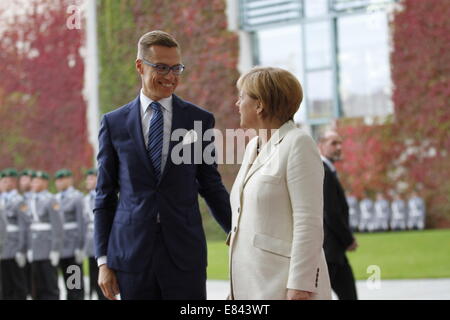 Berlin, Germany. 29th Sept, 2014.Chancellor Angela Merkel welcomes the Prime Minister of Finland Alexander Stubb during his visit at the Chancellery. Credit:  Simone Kuhlmey/Pacific Press/Alamy Live News Stock Photo