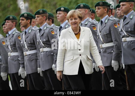 Berlin, Germany. 29th Sept, 2014.Chancellor Angela Merkel welcomes the Prime Minister of Finland Alexander Stubb during his visit at the Chancellery. Credit:  Simone Kuhlmey/Pacific Press/Alamy Live News Stock Photo