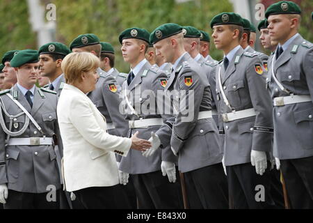 Berlin, Germany. 29th Sept, 2014.Chancellor Angela Merkel welcomes the Prime Minister of Finland Alexander Stubb during his visit at the Chancellery. Credit:  Simone Kuhlmey/Pacific Press/Alamy Live News Stock Photo