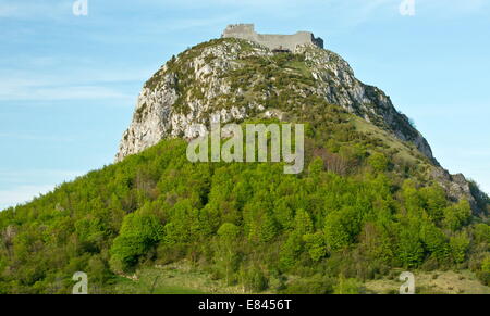 Montségur castle, built on the remains of one of the last strongholds of the Cathars. Near Foix, eastern Pyrenees, France. Stock Photo