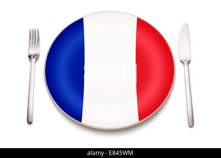 Knife, fork and a plate in the colors of the French flag. Stock Photo