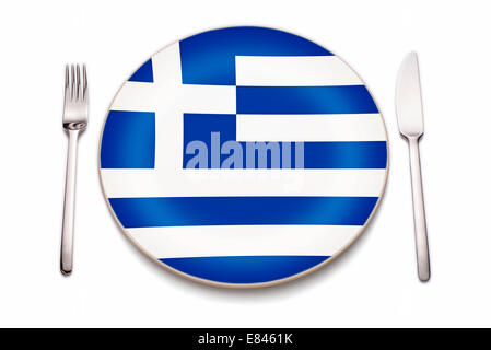 Knife, fork and a plate in the colors of the Greece flag. Stock Photo