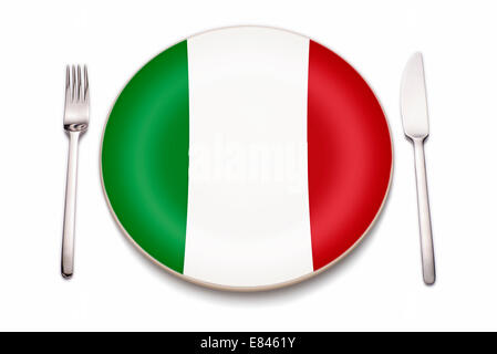 Knife, fork and a plate in the colors of the Italian flag. Stock Photo